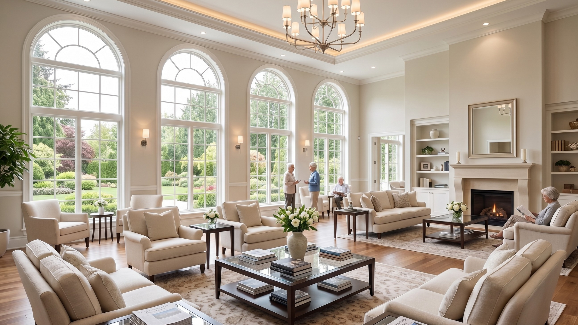 Sunlit living room with older adults talking near tall arched windows