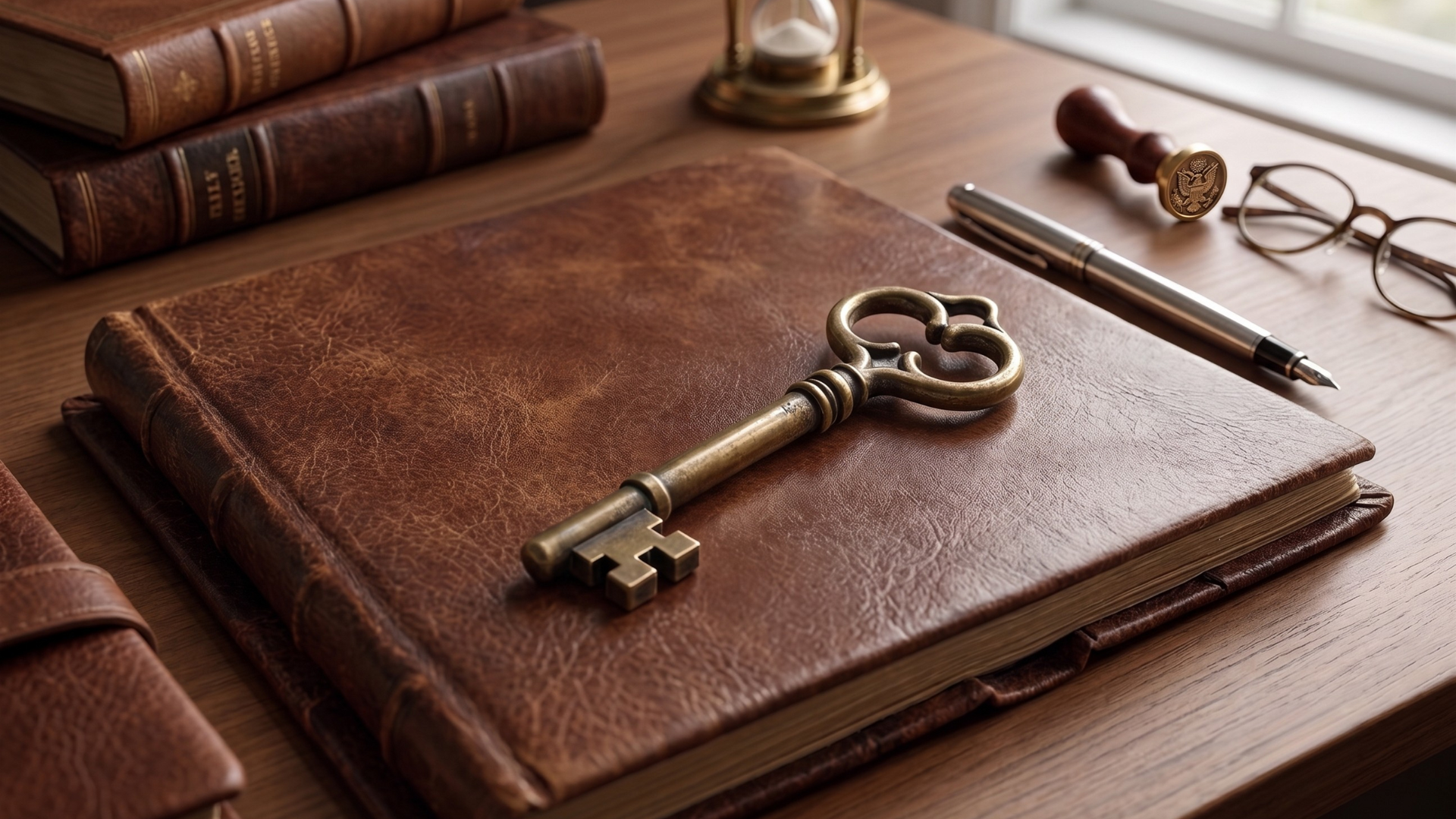 Antique key resting on a leather-bound book and wooden desk, illustrating an estate transition