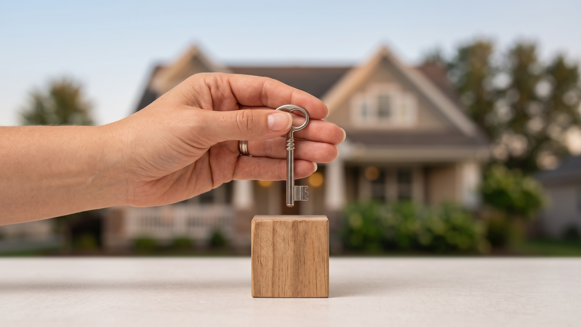 Hand holding a house key in front of a residential home