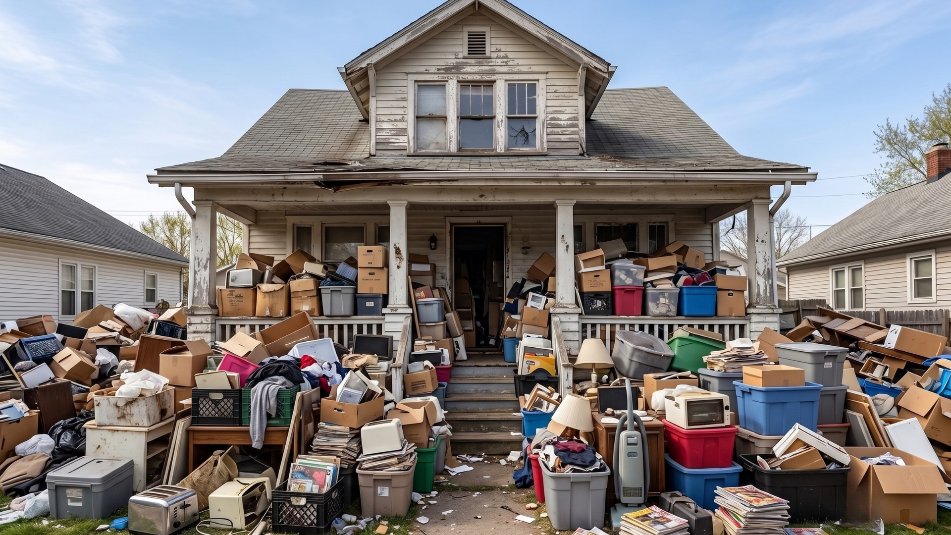 Home porch and front yard partly occupied by boxes, furniture, and household belongings