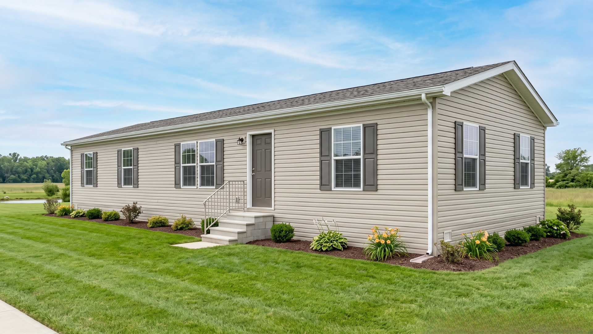 Single-story manufactured home with lawn and landscaped foundation beds